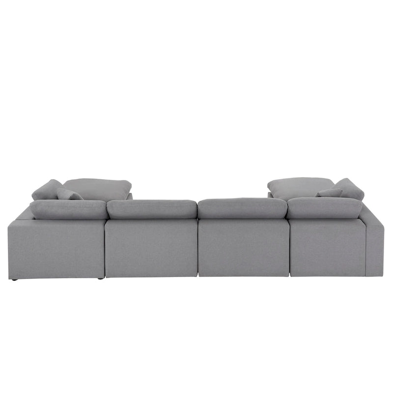 Canapé d'angle en lin gris avec rembourrage en duvet et 2 poufs, chaise longue réversible