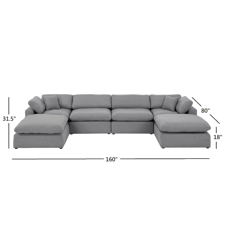 Canapé d'angle en lin gris avec rembourrage en duvet et 2 poufs, chaise longue réversible