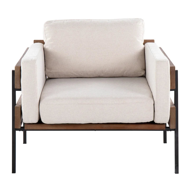 Fauteuil d'appoint rustique, assise rembourrée, piètement en métal, accents de panneaux de bois, salon