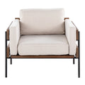 Fauteuil d'appoint rustique, assise rembourrée, piètement en métal, accents de panneaux de bois, salon