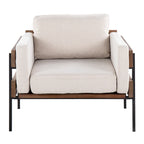 Fauteuil d'appoint rustique, assise rembourrée, piètement en métal, accents de panneaux de bois, salon