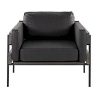 Fauteuil d'appoint rustique, assise rembourrée, piètement en métal, accents de panneaux de bois, salon