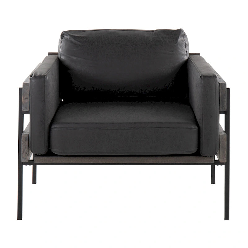 Fauteuil d'appoint rustique, assise rembourrée, piètement en métal, accents de panneaux de bois, salon