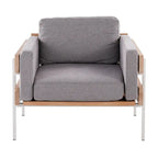 Fauteuil d'appoint rustique, assise rembourrée, piètement en métal, accents de panneaux de bois, salon