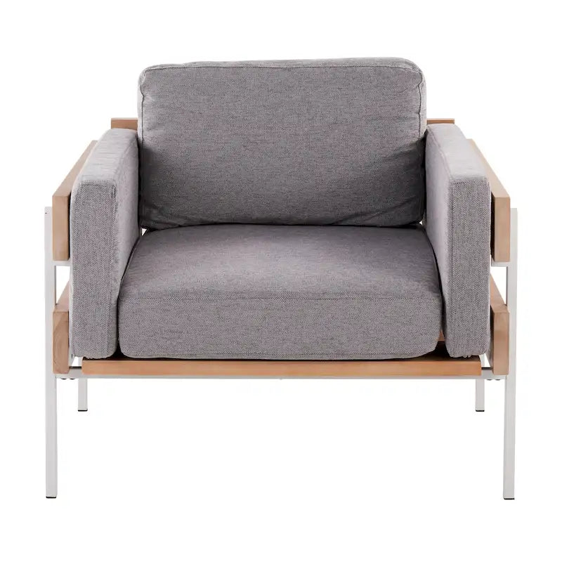Fauteuil d'appoint rustique, assise rembourrée, piètement en métal, accents de panneaux de bois, salon