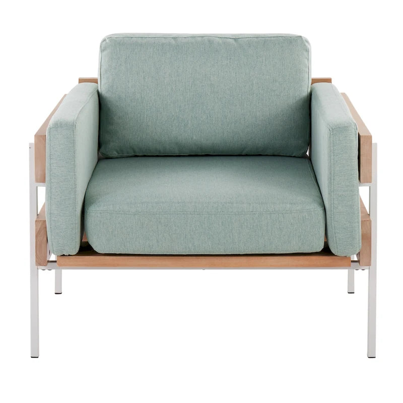 Fauteuil d'appoint rustique, assise rembourrée, piètement en métal, accents de panneaux de bois, salon