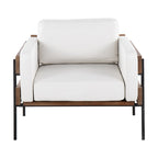 Fauteuil d'appoint rustique, assise rembourrée, piètement en métal, accents de panneaux de bois, salon