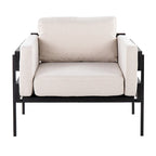 Fauteuil d'appoint rustique, assise rembourrée, piètement en métal, accents de panneaux de bois, salon