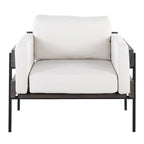 Fauteuil d'appoint rustique, assise rembourrée, piètement en métal, accents de panneaux de bois, salon