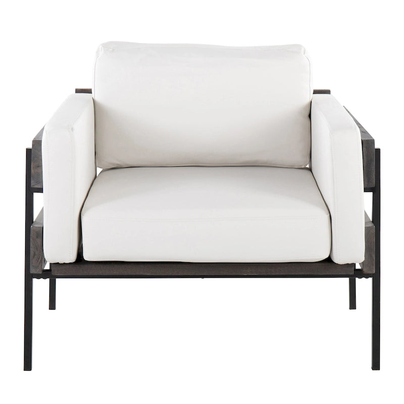 Fauteuil d'appoint rustique, assise rembourrée, piètement en métal, accents de panneaux de bois, salon