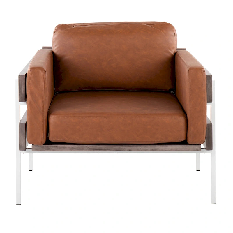 Fauteuil d'appoint rustique, assise rembourrée, piètement en métal, accents de panneaux de bois, salon