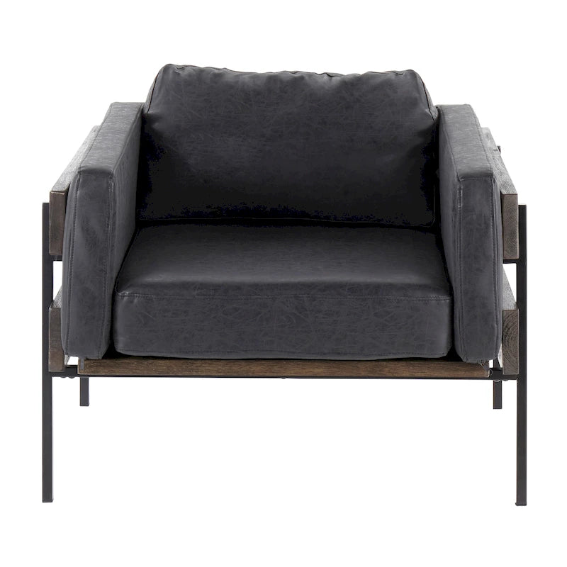 Fauteuil d'appoint rustique, assise rembourrée, piètement en métal, accents de panneaux de bois, salon