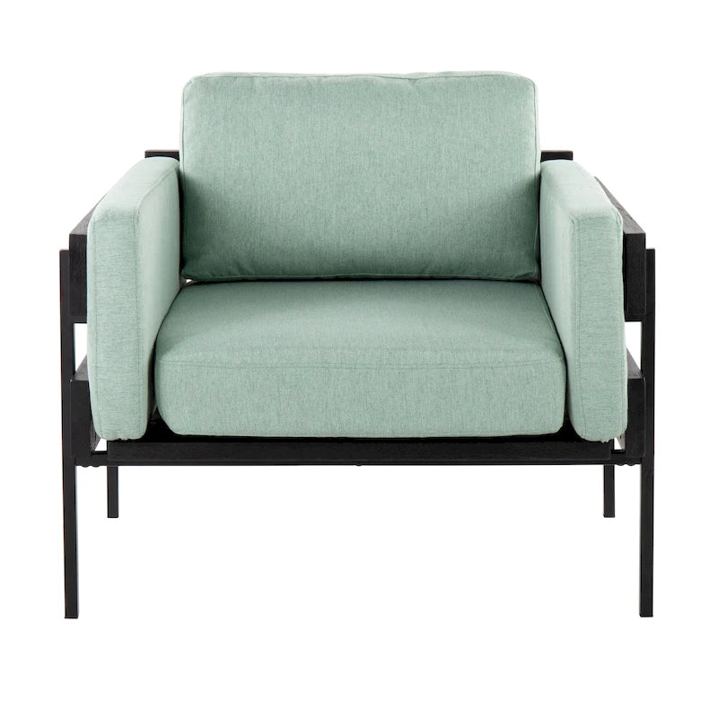 Fauteuil d'appoint rustique, assise rembourrée, piètement en métal, accents de panneaux de bois, salon
