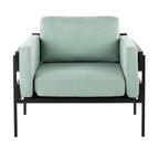 Fauteuil d'appoint rustique, assise rembourrée, piètement en métal, accents de panneaux de bois, salon