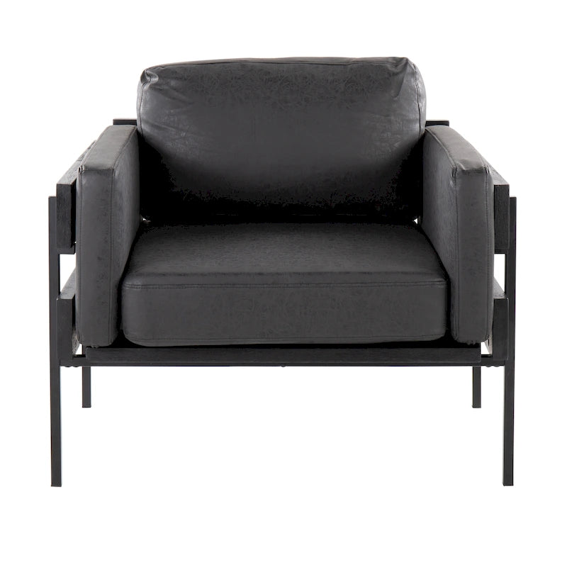 Fauteuil d'appoint rustique, assise rembourrée, piètement en métal, accents de panneaux de bois, salon