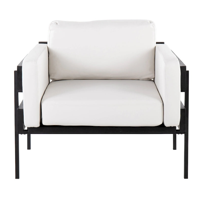 Fauteuil d'appoint rustique, assise rembourrée, piètement en métal, accents de panneaux de bois, salon