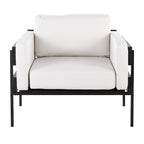 Fauteuil d'appoint rustique, assise rembourrée, piètement en métal, accents de panneaux de bois, salon