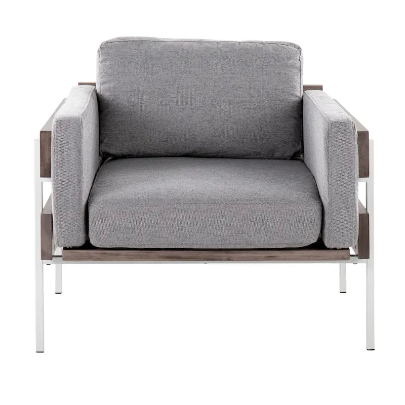 Fauteuil d'appoint rustique, assise rembourrée, piètement en métal, accents de panneaux de bois, salon