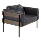 Fauteuil d'appoint rustique, assise rembourrée, piètement en métal, accents de panneaux de bois, salon