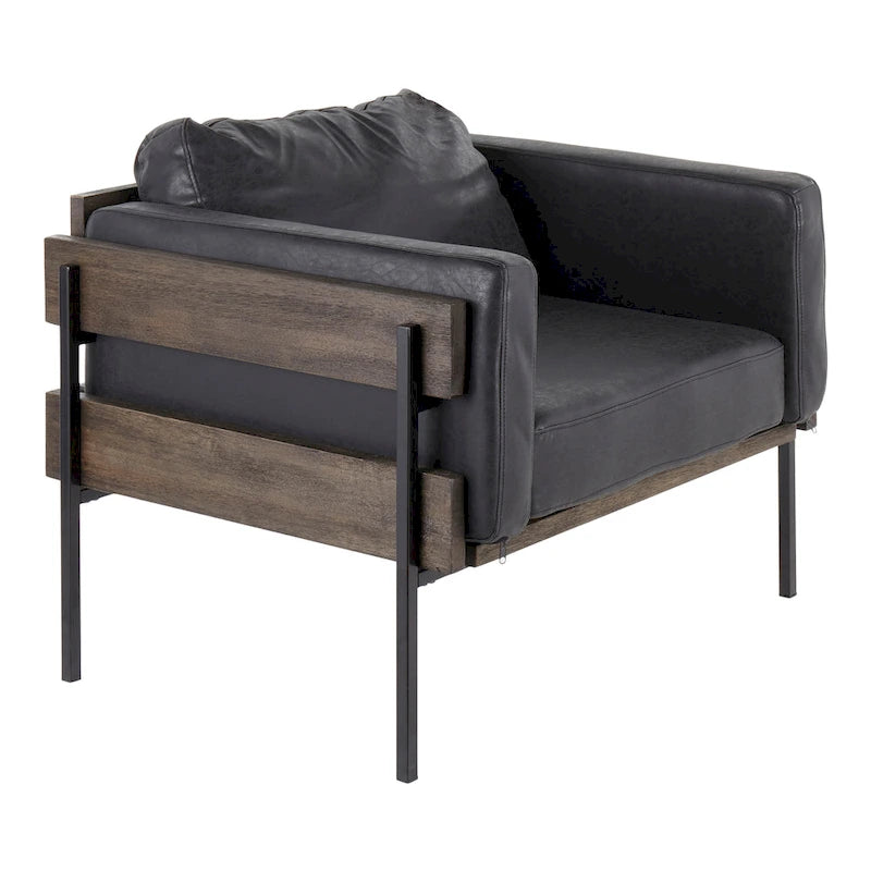 Fauteuil d'appoint rustique, assise rembourrée, piètement en métal, accents de panneaux de bois, salon