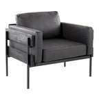 Fauteuil d'appoint rustique, assise rembourrée, piètement en métal, accents de panneaux de bois, salon