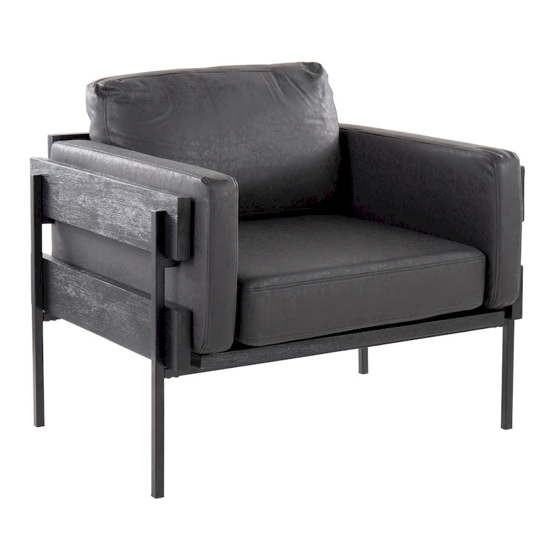 Fauteuil d'appoint rustique, assise rembourrée, piètement en métal, accents de panneaux de bois, salon