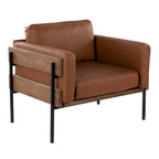 Fauteuil d'appoint rustique, assise rembourrée, piètement en métal, accents de panneaux de bois, salon
