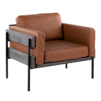 Fauteuil d'appoint rustique, assise rembourrée, piètement en métal, accents de panneaux de bois, salon