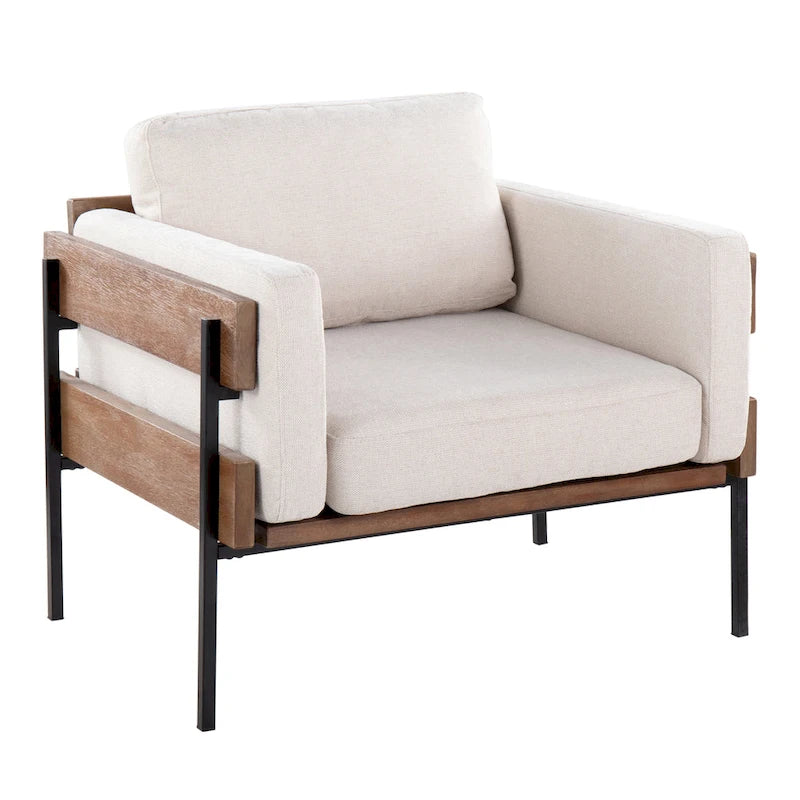 Fauteuil d'appoint rustique, assise rembourrée, piètement en métal, accents de panneaux de bois, salon