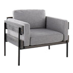 Fauteuil d'appoint rustique, assise rembourrée, piètement en métal, accents de panneaux de bois, salon