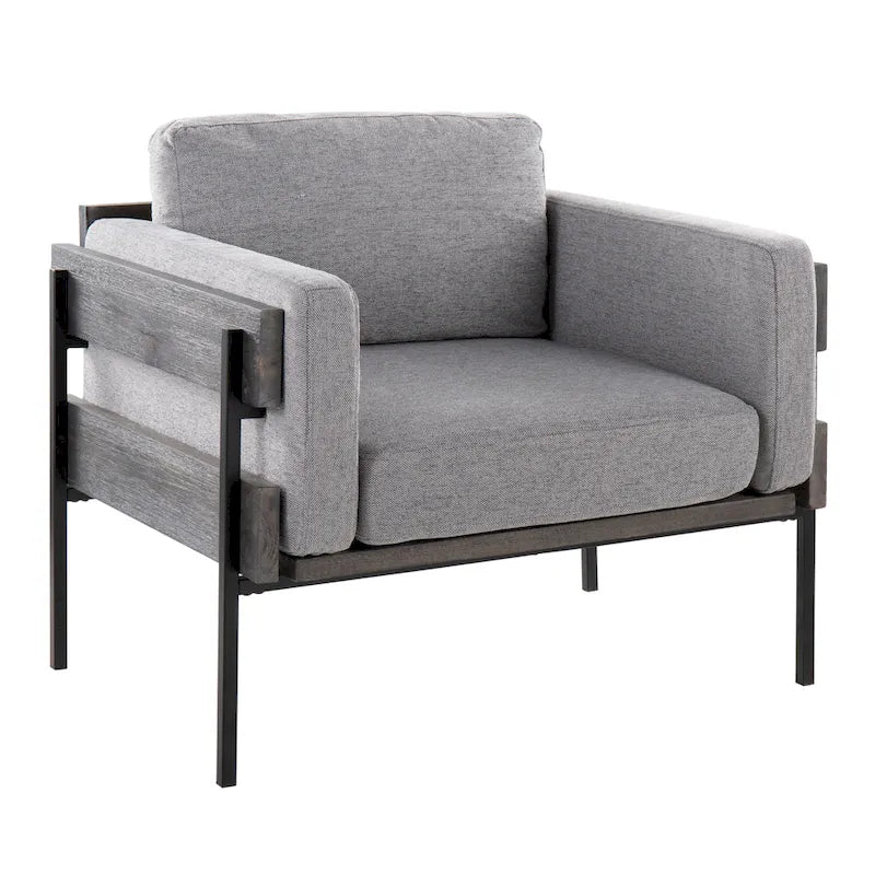 Fauteuil d'appoint rustique, assise rembourrée, piètement en métal, accents de panneaux de bois, salon