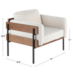 Fauteuil d'appoint rustique, assise rembourrée, piètement en métal, accents de panneaux de bois, salon