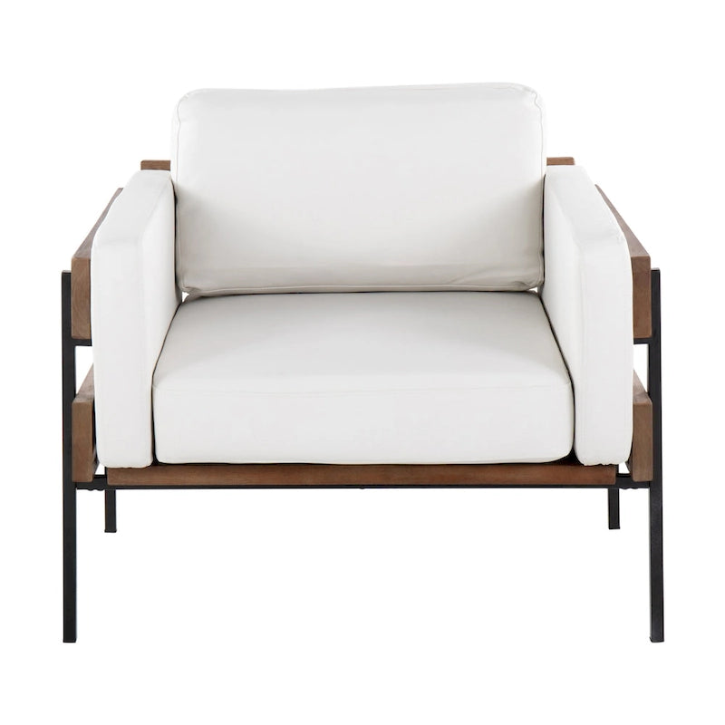 Fauteuil d'appoint rustique, assise rembourrée, piètement en métal, accents de panneaux de bois, salon