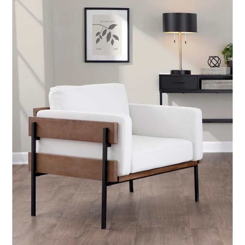 Fauteuil d'appoint rustique, assise rembourrée, piètement en métal, accents de panneaux de bois, salon