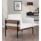 Fauteuil d'appoint rustique, assise rembourrée, piètement en métal, accents de panneaux de bois, salon