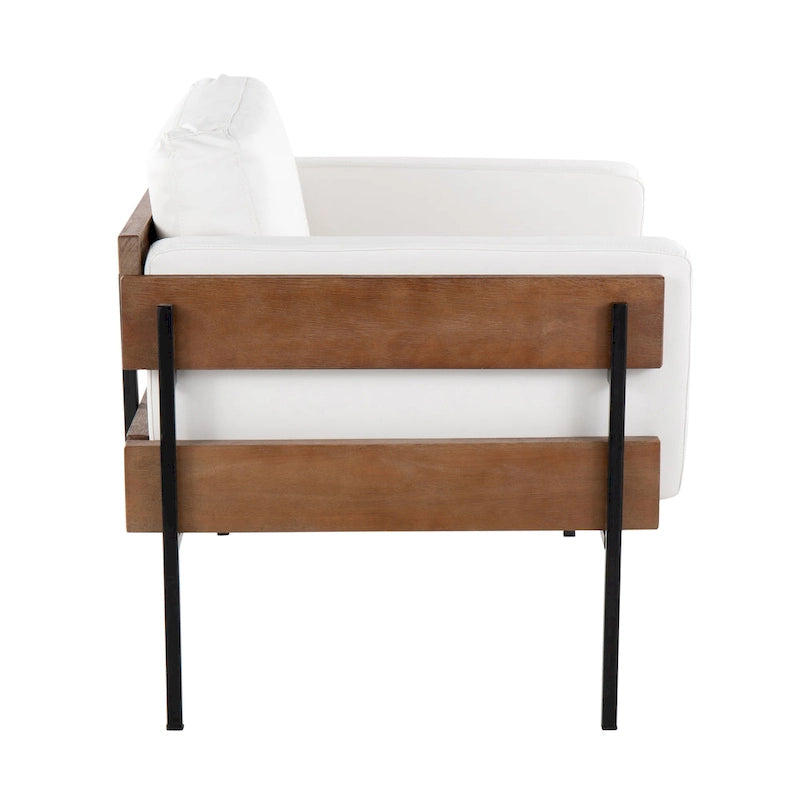 Fauteuil d'appoint rustique, assise rembourrée, piètement en métal, accents de panneaux de bois, salon