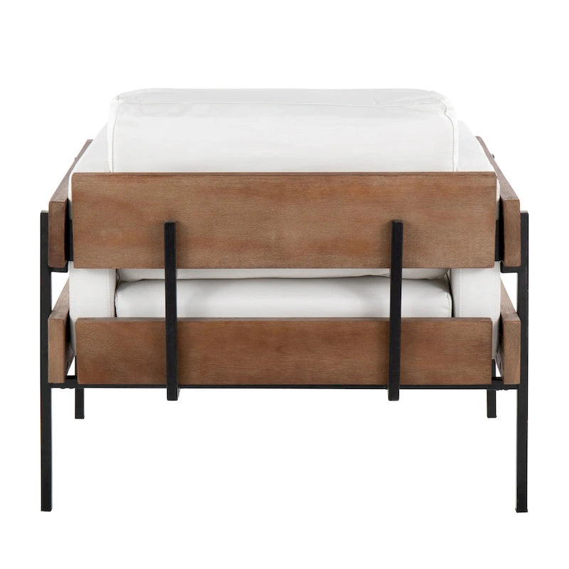 Fauteuil d'appoint rustique, assise rembourrée, piètement en métal, accents de panneaux de bois, salon