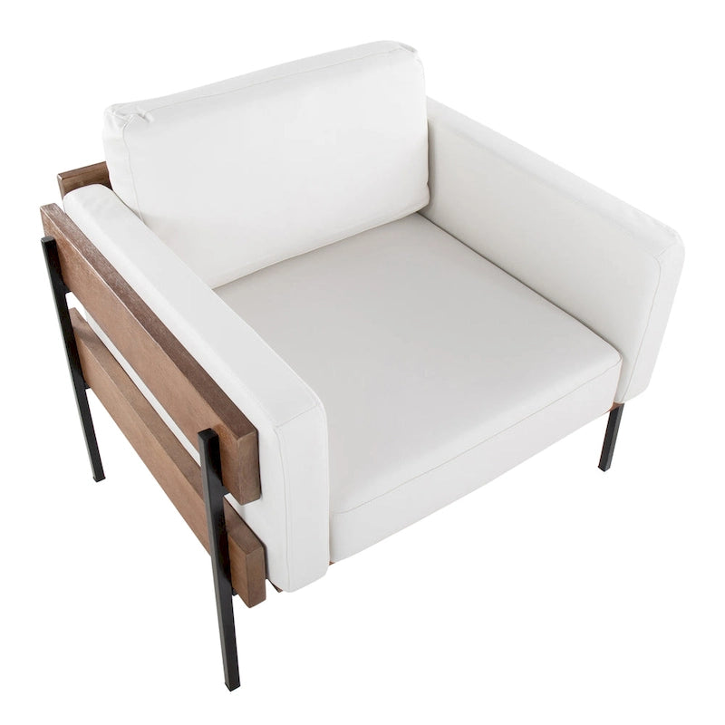 Fauteuil d'appoint rustique, assise rembourrée, piètement en métal, accents de panneaux de bois, salon