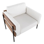 Fauteuil d'appoint rustique, assise rembourrée, piètement en métal, accents de panneaux de bois, salon