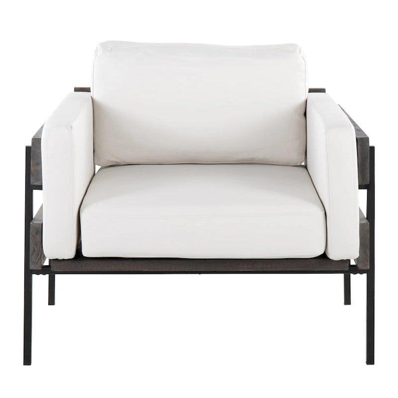 Fauteuil d'appoint rustique, assise rembourrée, piètement en métal, accents de panneaux de bois, salon