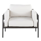Fauteuil d'appoint rustique, assise rembourrée, piètement en métal, accents de panneaux de bois, salon