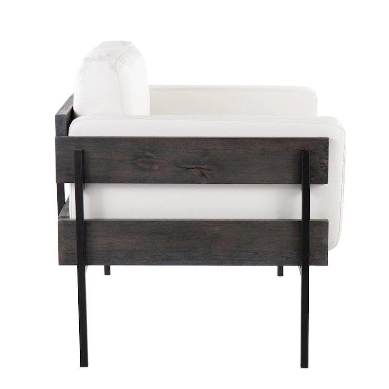 Fauteuil d'appoint rustique, assise rembourrée, piètement en métal, accents de panneaux de bois, salon