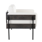 Fauteuil d'appoint rustique, assise rembourrée, piètement en métal, accents de panneaux de bois, salon