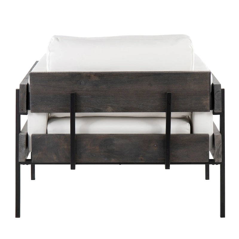 Fauteuil d'appoint rustique, assise rembourrée, piètement en métal, accents de panneaux de bois, salon
