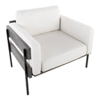 Fauteuil d'appoint rustique, assise rembourrée, piètement en métal, accents de panneaux de bois, salon