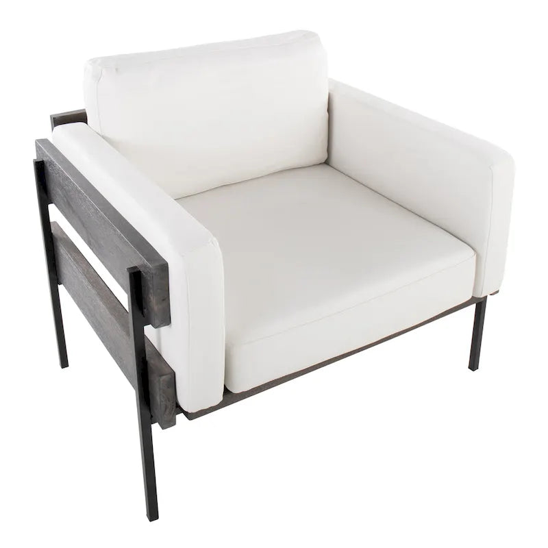 Fauteuil d'appoint rustique, assise rembourrée, piètement en métal, accents de panneaux de bois, salon