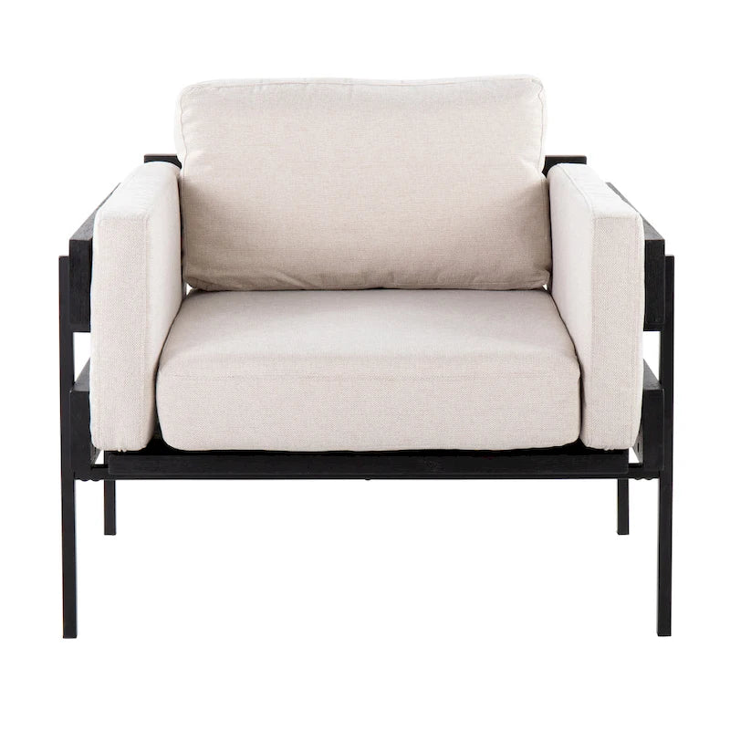 Fauteuil d'appoint rustique, assise rembourrée, piètement en métal, accents de panneaux de bois, salon