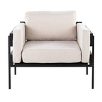 Fauteuil d'appoint rustique, assise rembourrée, piètement en métal, accents de panneaux de bois, salon