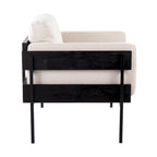 Fauteuil d'appoint rustique, assise rembourrée, piètement en métal, accents de panneaux de bois, salon