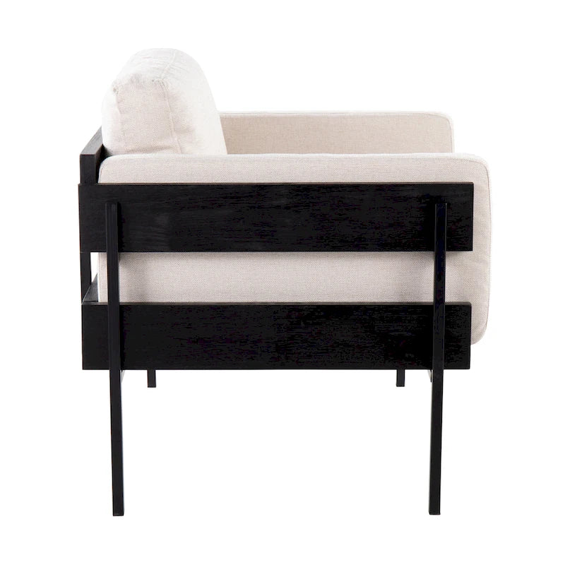 Fauteuil d'appoint rustique, assise rembourrée, piètement en métal, accents de panneaux de bois, salon